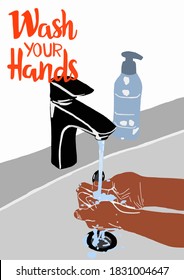 Vector illustration of Red Inscription Wash your hands. Man washes his hands with tap water. Wash / washing hands to keep clean flat illustration icon for websites and print.