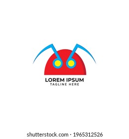vector illustration of Red insect head with blue musical note feeler and yellow eye isolated on white background. Robot music assistant logo design template.