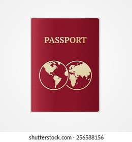 Vector illustration red international passport with map isolated on white background. 