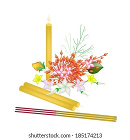 Vector Illustration of Red Ixora Flowers, Egg Plant Flower and Burmuda Grass with Candle and Incense Sticks, A Symbols of Teacher Day in Thailand. 