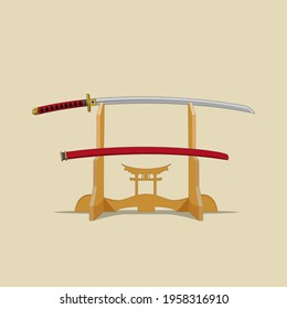 Vector illustration of red katana and sheath. Swords lie on a special rack