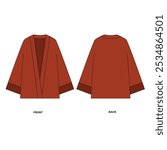 Vector illustration of red kimono style cape front and back, vector. Template of simple shirt with loose sleeves. Sketch of long sleeved robe with long sleeves in Japanese style, vector.