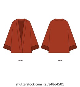 Vector illustration of red kimono style cape front and back, vector. Template of simple shirt with loose sleeves. Sketch of long sleeved robe with long sleeves in Japanese style, vector.