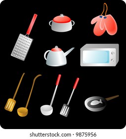vector illustration of red Kitchen utensils and a black background