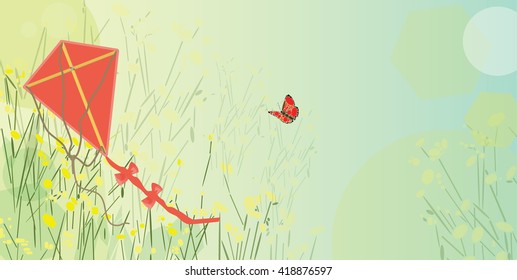Vector illustration of red kite in a meadow