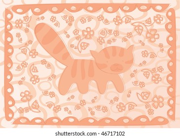 vector illustration with red kitten with flying flowers and decorative frame