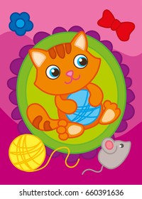 Vector illustration of red kitten playing with a ball on the carpet