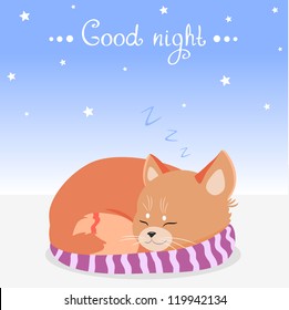 Vector illustration of red kitten sleeping on pillow