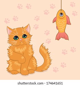 Vector illustration with a red kitten and toy fish