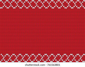 Vector illustration of red knitted background. Knitting pattern with white weavy frame for design and space for text.