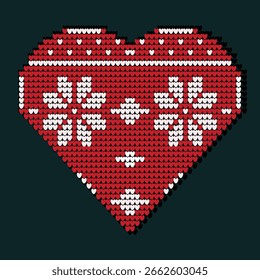 Vektorgrafik eines rot gestrickten Herzens mit weißen Blumen auf dunkelgrünem Hintergrund.