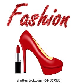 Vector illustration with red lacquered high-heeled shoes, tube of lipstick and the inscription Fashion of sequins