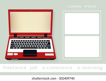 Vector illustration of red laptop. E-commerce, IT Communication, E-learning or Freelance Job concept.