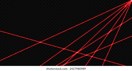 Vector illustration of red laser beams. Abstract neon lights isolated on transparent black backdrop