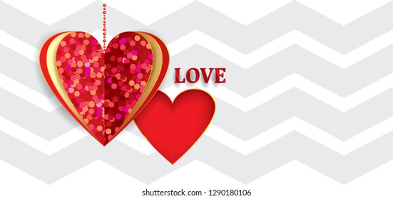 Vector illustration of red layered sparkling heart on striped background.