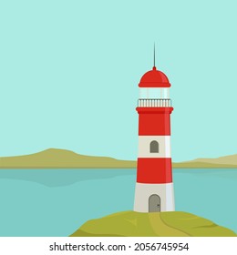 Vector illustration of a red lighthouse on the ocean.