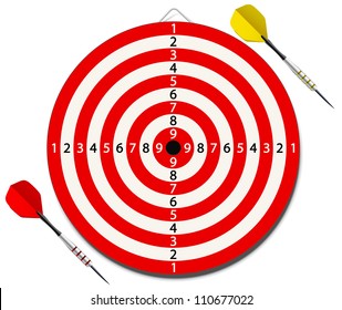 Vector illustration of red lined dartboard with two darts