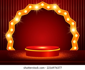 Vector illustration red lines pattern background with sparkle stage podium and shining arch for design