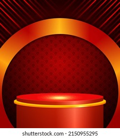 Ilustración vectorial líneas rojas brillan el fondo con el podio escénico brillante para el diseño