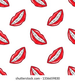 Vector illustration red lip with braces on teeth in comics style. Seamless pattern
