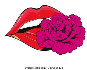 Ilustración vectorial de los labios rojos con una flor aislada en blanco. Diseño sensual para camisetas.