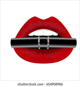 Vector illustration. Red lips holding lipstick.
