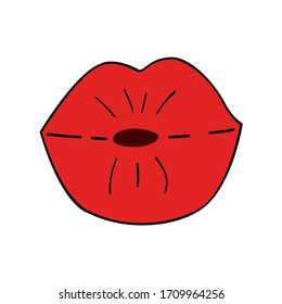 Vector illustration.  Red lips isolated on white background. Kiss. Hand drawn clipart. Picture in pop art style.