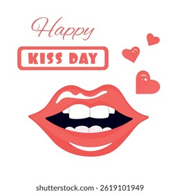 Ilustração vetorial de lábios vermelhos sorrindo com corações bonitos e saudação "Happy Kiss Day". Perfeito para Dia dos Namorados, amor, celebrações românticas, cartões, e cartazes.