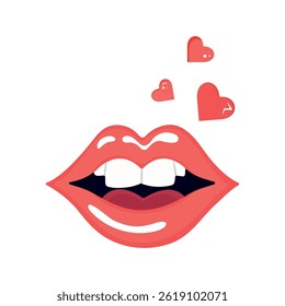 Vector illustration of red lips smiling with cute hearts. Perfect for Valentine's Day, love, romantic celebrations, cards, and posters.