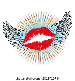 ilustración vectorial de labios rojos con alas. Diseño surrealista para camisetas, afiches o stickers.