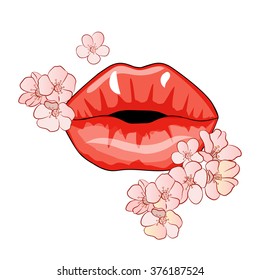 vector illustration or red lips.concept lips and flowers poster.