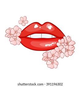 vector illustration or red lips.concept lips and flowers poster.parted lips