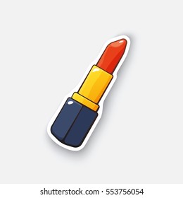 Vector illustration. Red lipstick. Cosmetics and makeup. Fashion element. Cartoon sticker in comic style with contour. Decoration for greeting cards, posters, patches, prints for clothes, emblems