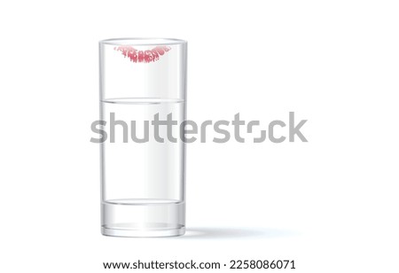 Vector illustration of red lipstick mark on glass of water,lipstick stain left behind after drinking,female lip imprint,girl's charm,isolated on white.Drinking clean water makes healthy,refresh mind.