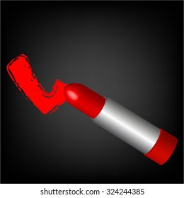 Vector illustration of Red lipstick pamada on a black background. Letter L. Declaration of love.