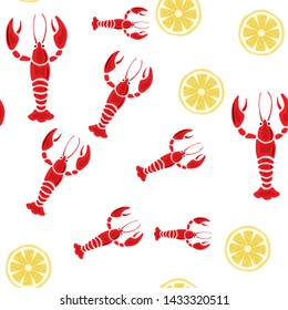 Vector illustration red lobster, crayfish and yellow lemon seamless pattern white background. Cool wallpaper