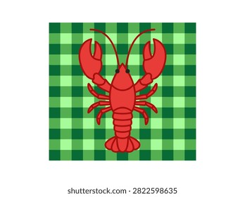 Vector illustration of a red lobster on green gingham checkered pattern background