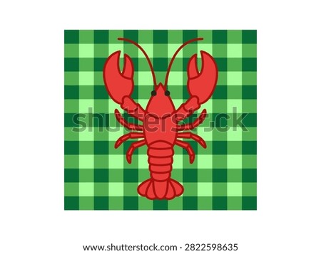 Vector illustration of a red lobster on green gingham checkered pattern background