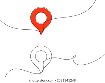 Ilustración vectorial de un pin de ubicación rojo con arte lineal abstracto, ideal para diseños de mapas y navegación.
