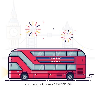 Vector illustration for a red london bus with fireworks and skyline background