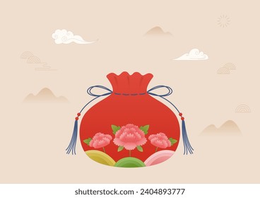 Vector illustration of a red lucky bag with peony flower pattern.