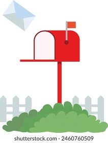 Vector illustration of a red mailbox in a garden.