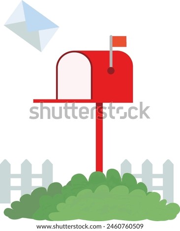 Vector illustration of a red mailbox in a garden.