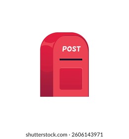 Vector illustration of red mailbox with letter slot and lettering. Sending and receiving letters. Mail. Communication concept. Flat cartoon style. Isolated background.