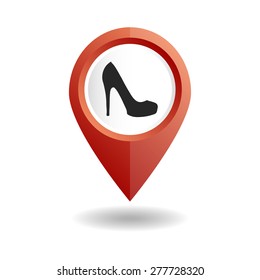 Vector illustration. Red map pointer with women's high-heeled shoes icon. GPS location symbol. Flat design style. Map pointer for shoe store.