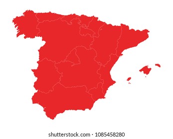 Vector illustration of a Red Map of Spain With Regions