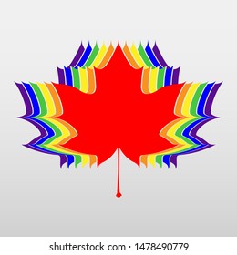 Vector illustration of the red maple leaf with diverging strips of rainbow colors on light background for your design.  Concept a maple leaf sign with colors of LGBT flag. EPS10