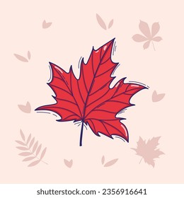 Vector illustration of red maple leaf in doodle style isolated on a light background with autumn leaves