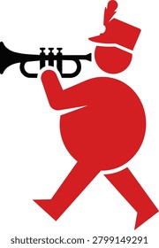 Vector illustration of a red marching band musician playing a trumpet, isolated on white background. Simple flat design icon of a musician.
