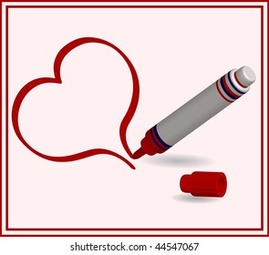vector illustration of a red marker with heart on light pink background with a red frame
